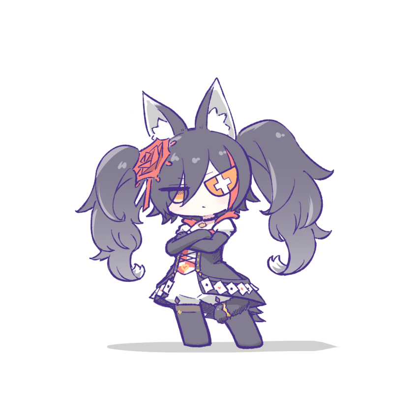 1girl, :/, animal_ear_fluff, animal_ears, big_hair, black_boots, black_choker, black_gloves, black_hair, boots, cat_ears, cat_girl, cat_tail, chibi, chibi_only, choker, coat, colored_eyepatch, crossed_arms, elbow_gloves, eyepatch, flower, fluffy_hair, full_body, fur-trimmed_coat, fur_trim, gloves, hair_between_eyes, hair_flower, hair_ornament, hashtag-only_commentary, head_tilt, highres, hololive, kaijyu_lv27, long_hair, multicolored_hair, ookami_mio, ookami_mio_(wonderland), orange_eyes, outline, pants, purple_outline, red_flower, red_hair, serious, solo, standing, streaked_hair, tail, tail_around_own_leg, thigh_boots, twintails, virtual_youtuber, white_background, white_pants