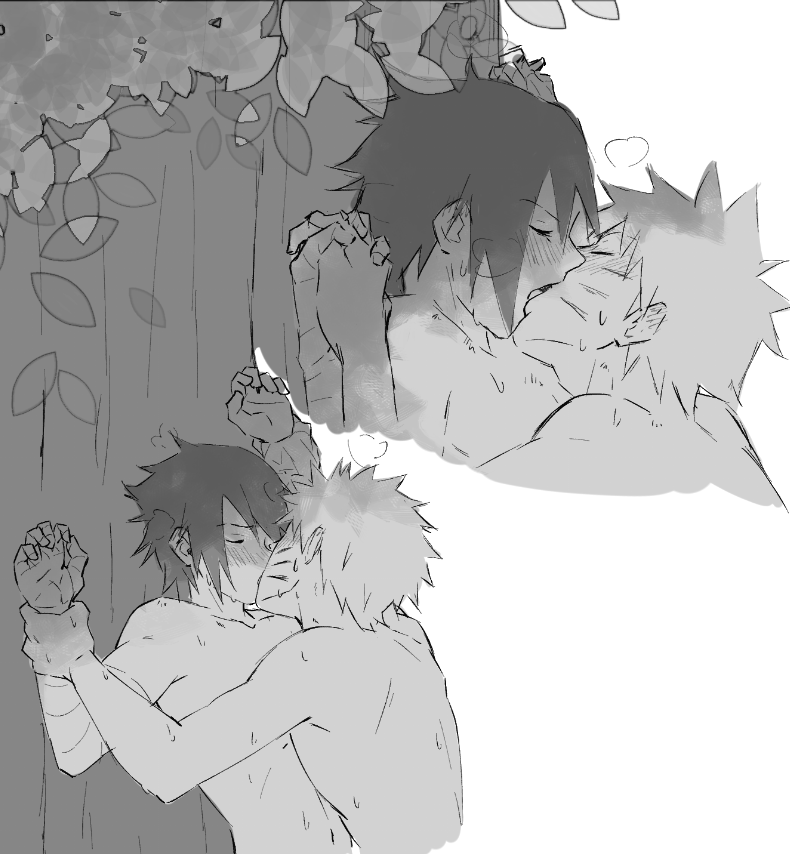 2boys, against_tree, blush, commentary, english_commentary, facial_mark, french_kiss, greyscale, holding_another's_wrist, kiss, male_focus, monochrome, multiple_boys, naruto_(series), nude, spiked_hair, sweat, themidnights0ng, tree, uchiha_sasuke, upper_body, uzumaki_naruto, whisker_markings, yaoi