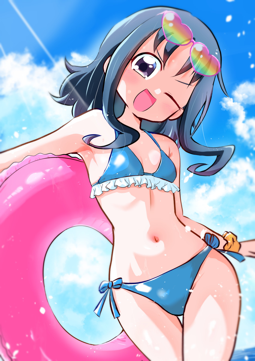 1girl, ;d, absurdres, bikini, blue_bikini, blue_eyes, blue_hair, blue_sky