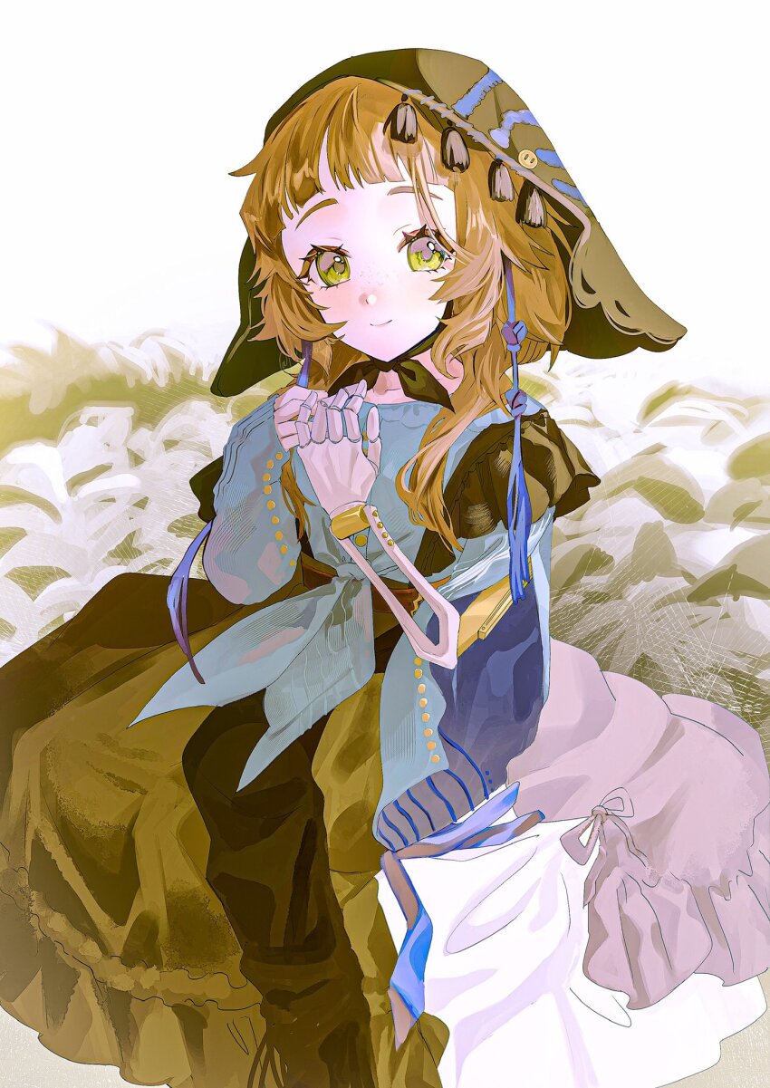 1girl, black_coif, black_skirt, blue_shirt, chinstrap, closed_mouth, commentary_request, coppelia_(reverse:1999)