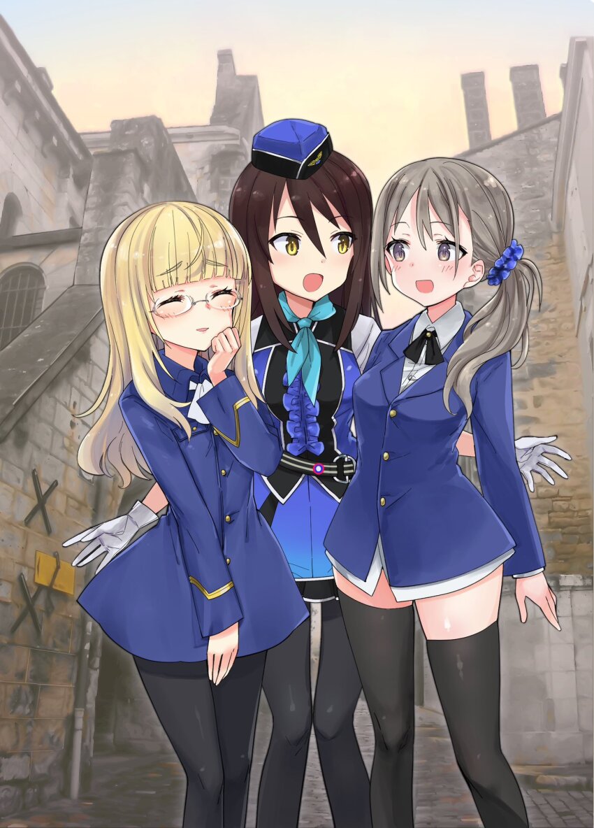 3girls, aviation_magic_band, black_pantyhose, black_thighhighs, blonde_hair, blue_bow, blue_jacket, bow