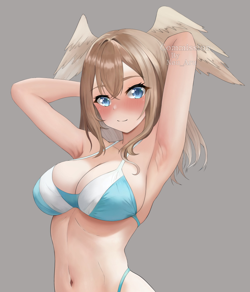 1girl, absurdres, armpits, arms_behind_head, bikini, blue_bikini, blue_eyes, blush