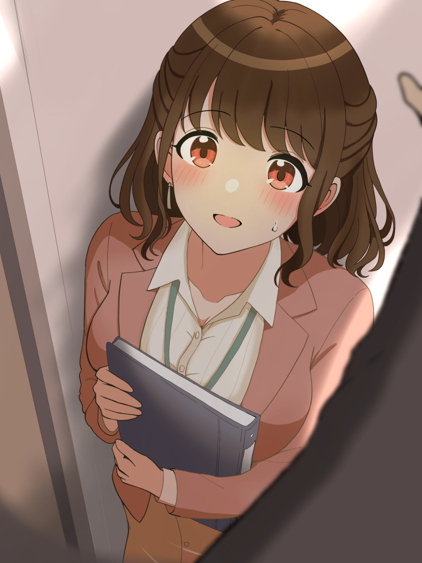 1boy, 1girl, blush, breasts, brown_hair, commentary_request, half_updo, highres