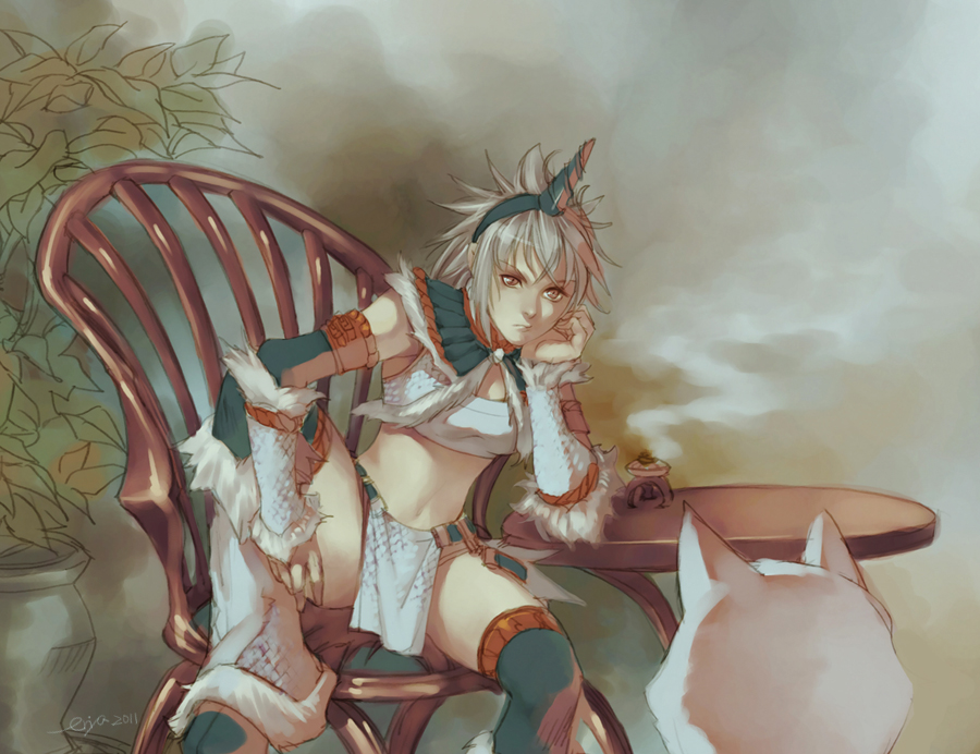 1girl, arm_rest, bad_id, bad_pixiv_id, capcom, cat, chair, eriya-j