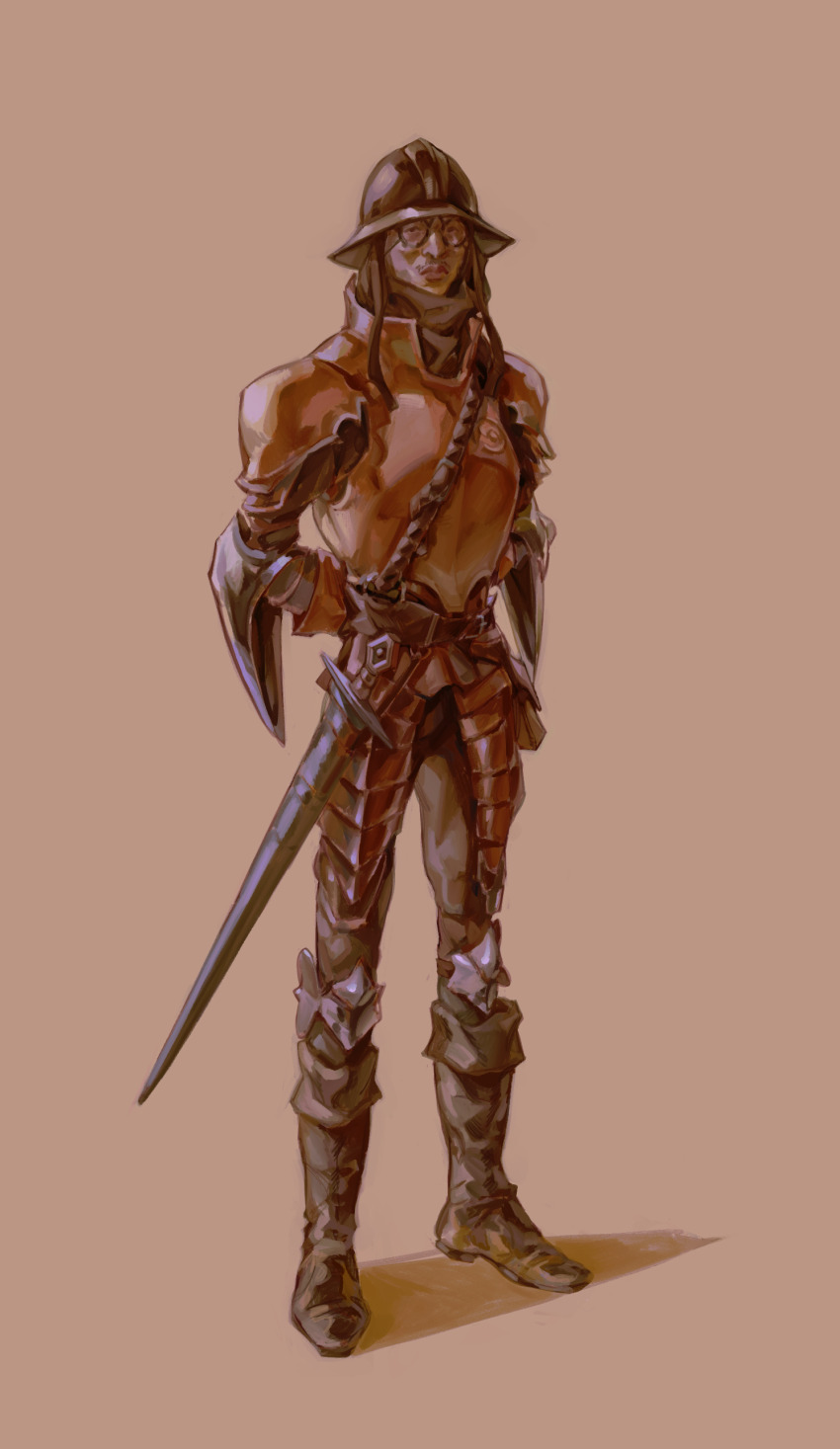 1boy, absurdres, arm_behind_back, armor, boots, breastplate, disco_elysium, expressionless, facing_viewer, full_body, glasses, helmet, highres, kim_kitsuragi, knight, looking_at_viewer, male_focus, narrowed_eyes, solo, standing, thatuglymeme