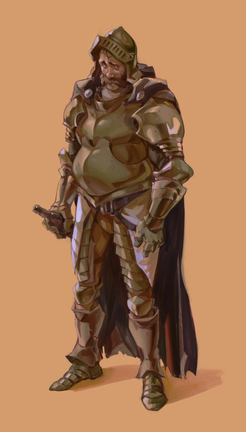 1boy, absurdres, armor, belly, brown_hair, cape, disco_elysium, facial_hair, facing_viewer, full_body, harry_du_bois, helmet, highres, holding, holding_sword, holding_weapon, knight, looking_to_the_side, male_focus, mutton_chops, nervous, solo, standing, sword, thatuglymeme, visor_(armor), weapon