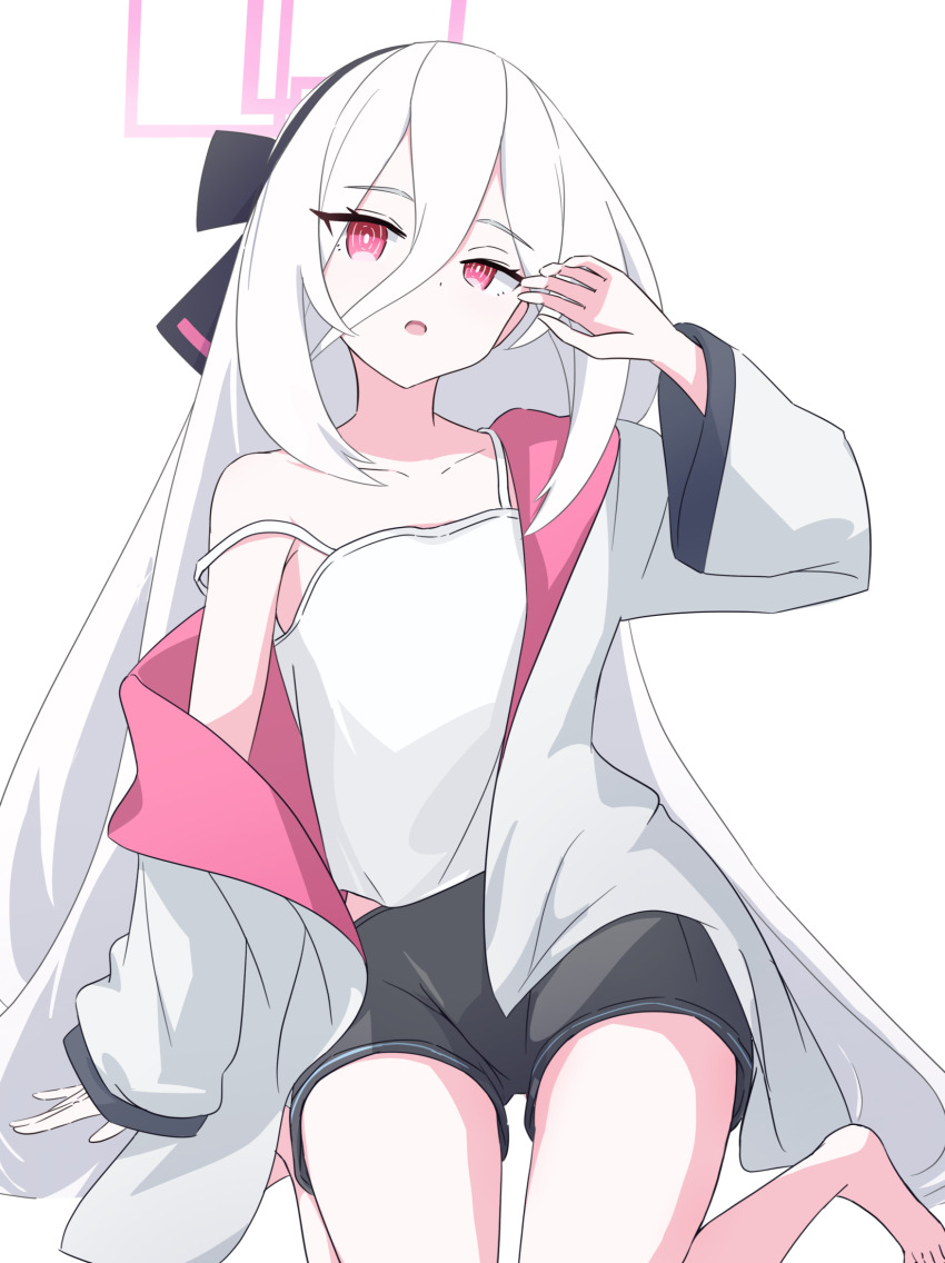 1girl, armpit_crease, barefoot, black_shorts, blue_archive, camisole, commentary_request, hair_between_eyes, halo, highres, jacket, junnatsu, kei_(blue_archive), kei_(new_body)_(blue_archive), knees_out_of_frame, long_hair_between_eyes, long_sleeves, looking_at_viewer, loosely_tucked_bangs, open_clothes, open_jacket, open_mouth, pink_halo, pink_jacket, rectangular_halo, short_shorts, shorts, single_bare_shoulder, single_off_shoulder, solo, strap_slip, two-sided_fabric, two-sided_jacket, white_camisole, white_hair, white_jacket