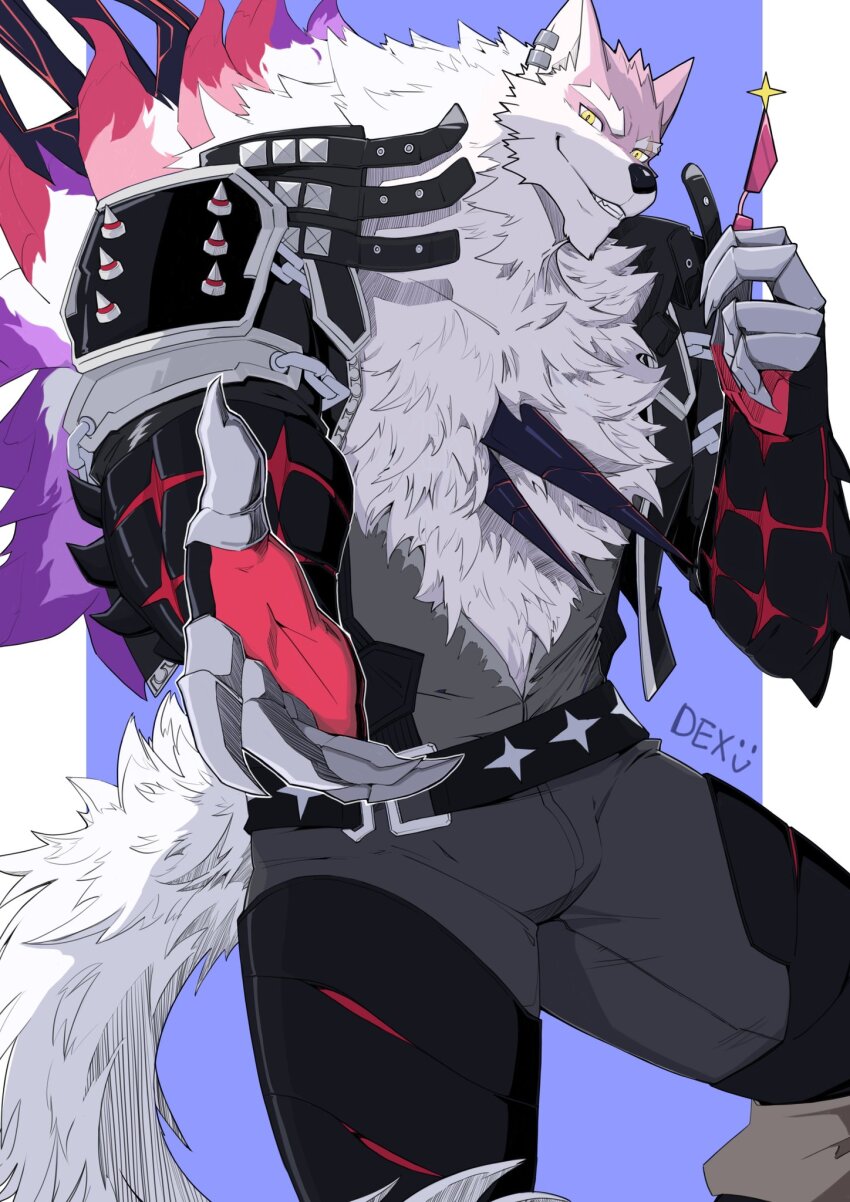 1boy, animal_ears, artist_name, chest_spike, claws, commentary, dislyte, earrings, english_commentary, freddy_(fenrir)_(dislyte), freddy_(meta_fenrir)_(dislyte), furry, furry_male, highres, holding, holding_removed_eyewear, hot911010_(dex), jewelry, looking_at_viewer, male_focus, outstretched_hand, smile, sparkle, tail, unworn_eyewear, wolf_boy, wolf_ears, wolf_tail