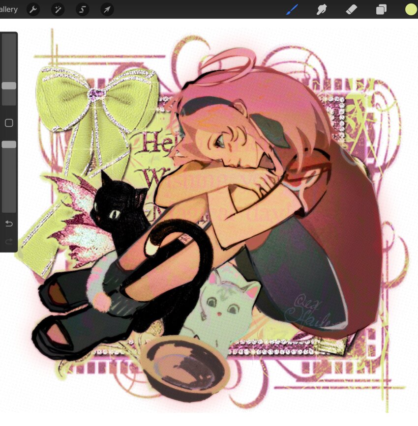 1girl, art_program_in_frame, black_cat, black_headband, black_pants, black_shoes, blush, bow