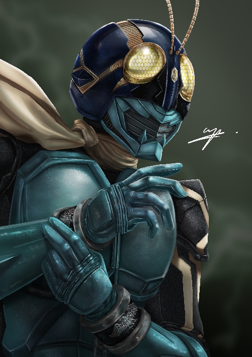 1boy, antennae, aqua_armor, aqua_gloves, armor, blue_helmet, bug, compound_eyes