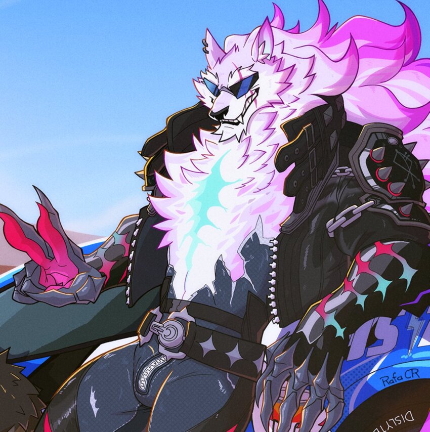 1boy, animal_ears, artist_name, black_jacket, bulge, claws, commentary, commission, copyright_name, dislyte, earrings, english_commentary, facing_viewer, fangs, freddy_(fenrir)_(dislyte), freddy_(meta_fenrir)_(dislyte), furry, furry_male, grin, highres, jacket, jewelry, leather, leather_jacket, male_focus, rafacr_28, scar, scar_across_eye, scar_on_face, scar_on_mouth, smile, sunglasses, torn_clothes, v, wolf_boy, wolf_ears