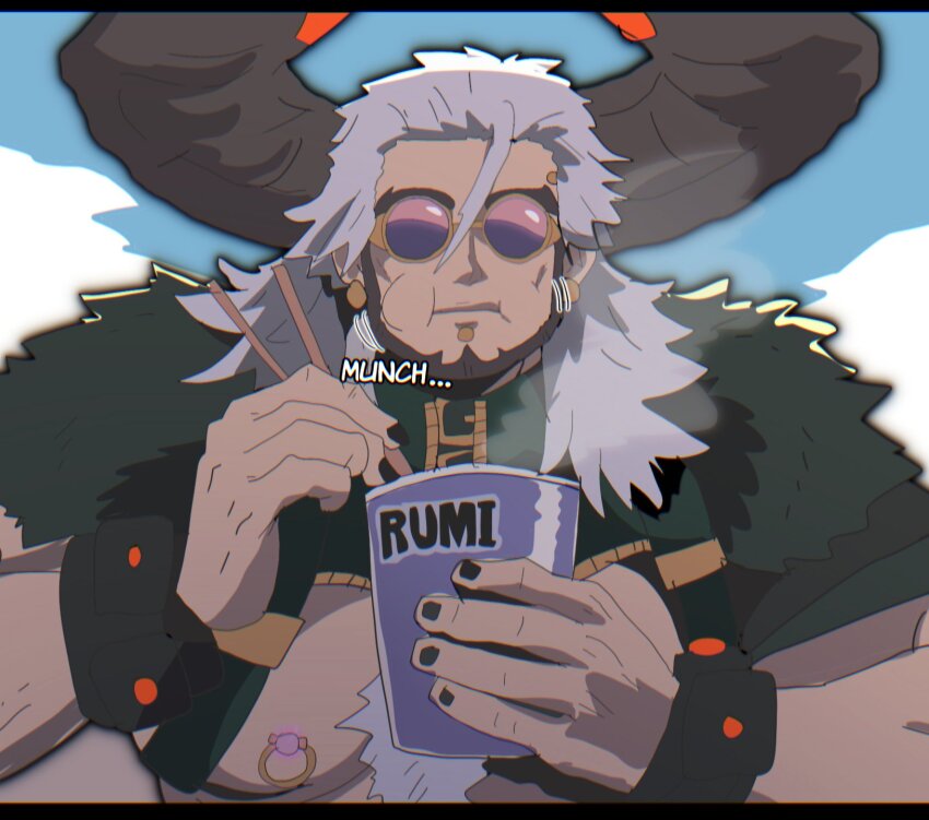 1boy, bara, chopsticks, commentary, dislyte, english_commentary, gorath_(bull_demon_king)_(dislyte), highres