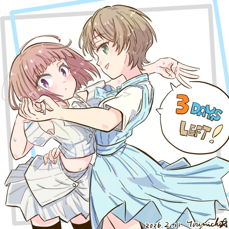 2girls, artist_name, black_thighhighs, blue_dress, blush, brown_hair, closed_mouth, commentary_request