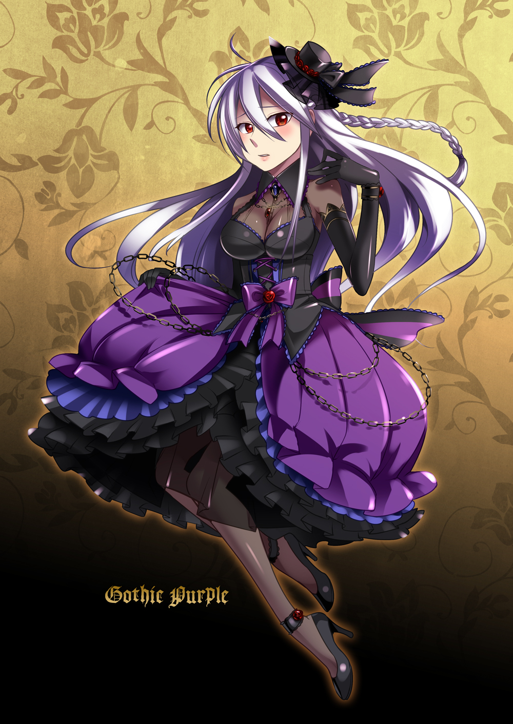 1girl, caffein, dress, female_focus, gothic_lolita, hat, highres, lolita_fashion, long_hair, mini_hat, mini_top_hat, pantyhose, project_diva_(series), project_diva_extend, red_eyes, solo, top_hat, vocaloid, white_hair, yowane_haku, yowane_haku_(gothic_purple)