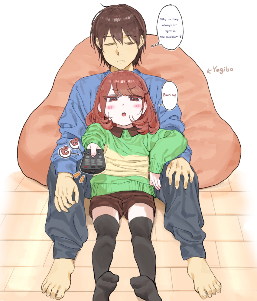 absurdres, alternate_language, androgynous, barefoot, black_thighhighs, blue_sweater, blush, brown_hair