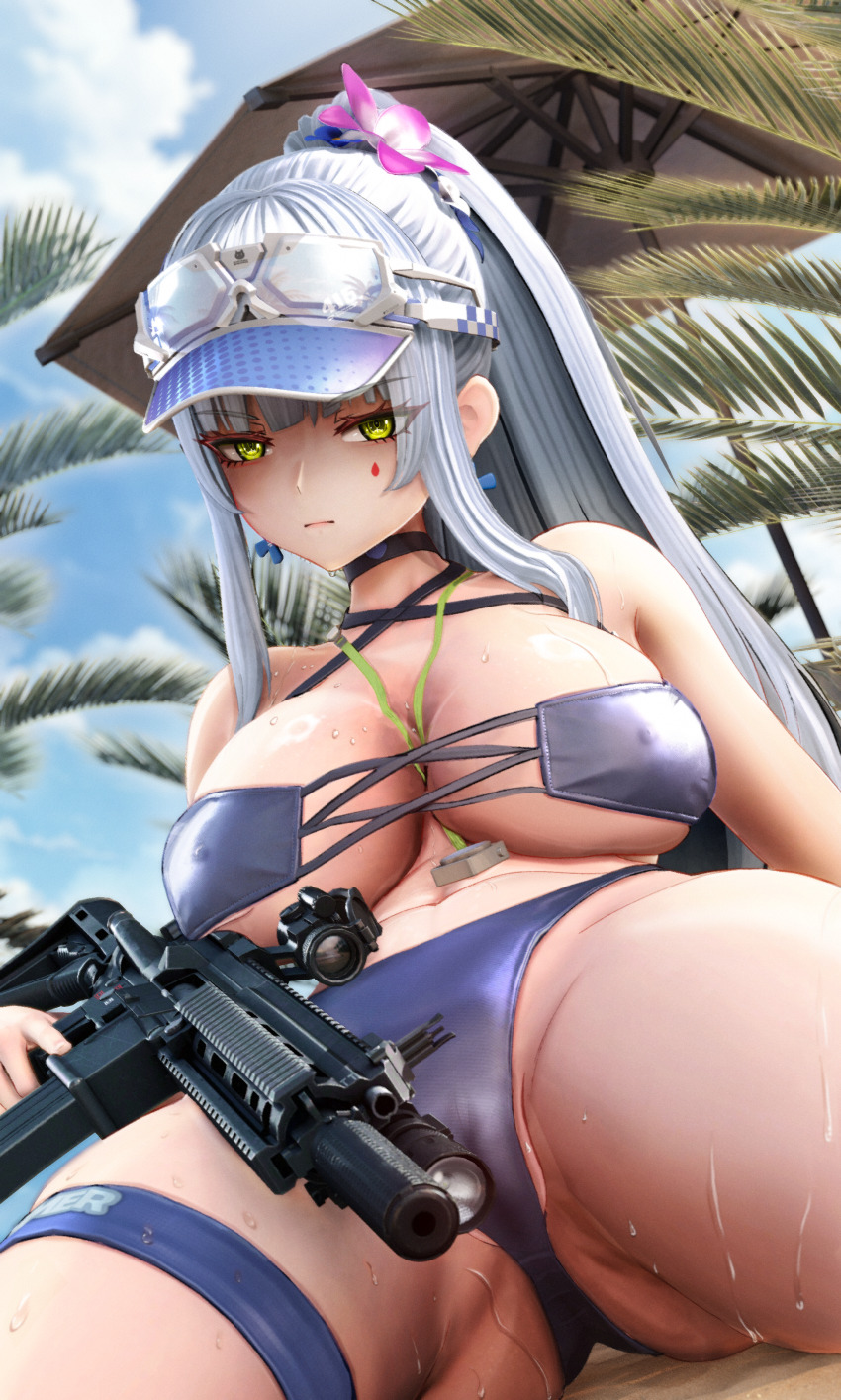 absurdres, arm_behind_back, assault_rifle, atla_762, between_breasts, bikini, blue_bikini, blue_hair
