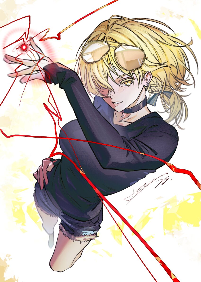 1girl, absurdres, bang_dream!, bang_dream!_it's_mygo!!!!!, black_choker, black_shirt, blonde_hair, blue_shorts