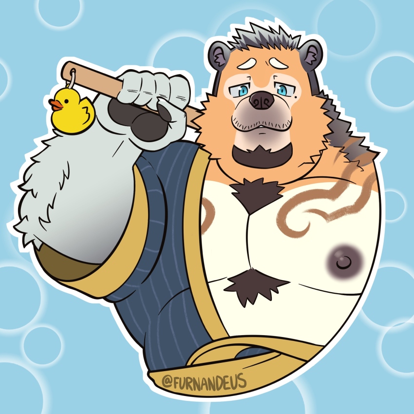 1boy, animal_ears, artist_name, back_scrubber, bara, bear_boy, bear_ears, belly