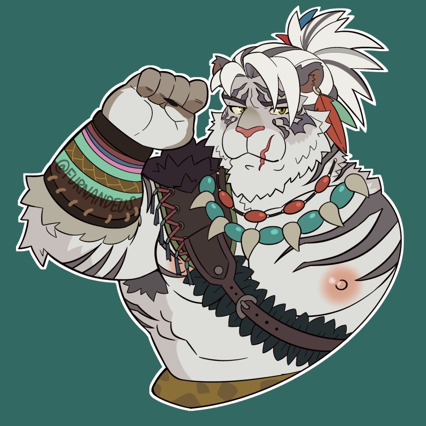 1boy, abs, afk_(series), afk_journey, animal_ears, artist_name, bara, claws