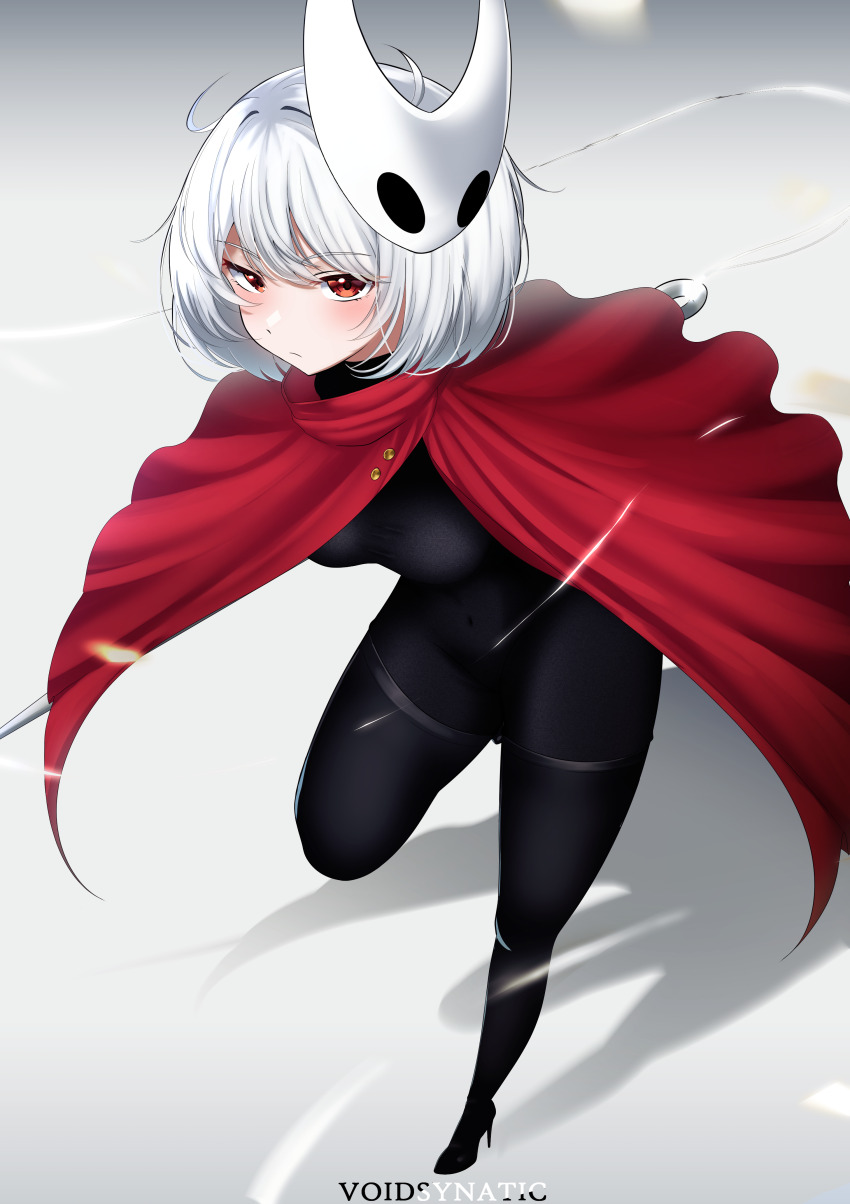 1girl, absurdres, artist_name, black_bodysuit, bodysuit, cloak, covered_navel, expressionless