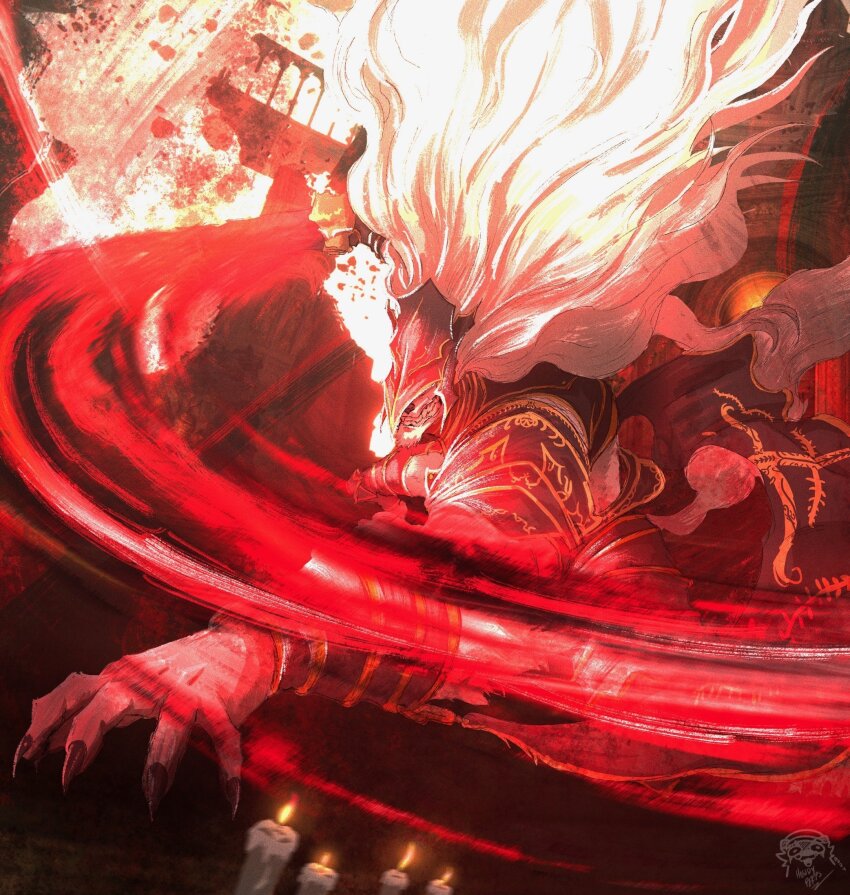 1boy, armor, black_armor, candle, claws, clenched_teeth, covered_eyes, elden_ring