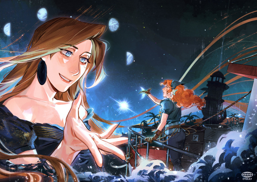 2girls, absurdly_long_hair, artist_name, belt, blue_dress, blue_eyes, blue_pants, blue_shirt