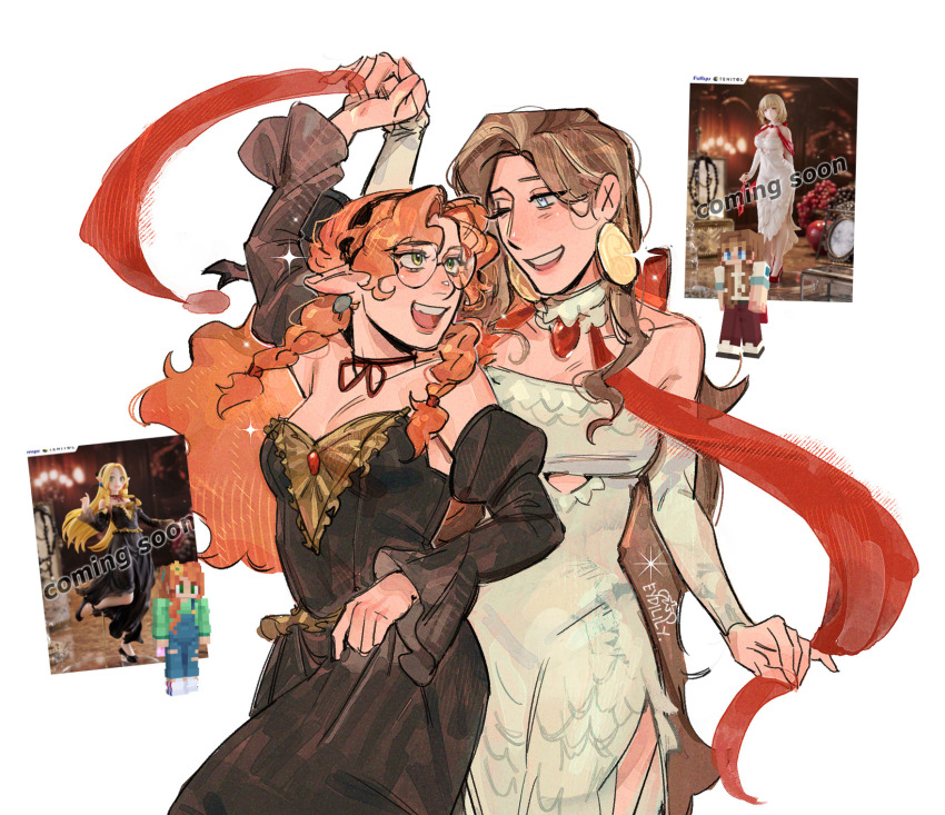 2girls, absurdly_long_hair, black_dress, blue_eyes, braid, braided_sidelocks, breasts, brown_hair, choker, cleavage, commentary, cosplay, couple, dancing, dress, dungeon_meshi, earrings, english_commentary, eydilily, eye_contact, falin_touden, falin_touden_(cosplay), geminitay, glasses, hermitcraft, highres, holding_hands, jewelry, long_hair, looking_at_another, marcille_donato, marcille_donato_(cosplay), medium_breasts, minecraft, minecraft_youtube, multiple_girls, one_eye_closed, orange_hair, pearlescentmoon, pearlescentmoon_(postmaster), pointy_ears, reference_inset, ribbon_choker, round_eyewear, sidelocks, signature, simple_background, small_breasts, smile, stole, strapless, strapless_dress, very_long_hair, white_background, white_dress, yuri