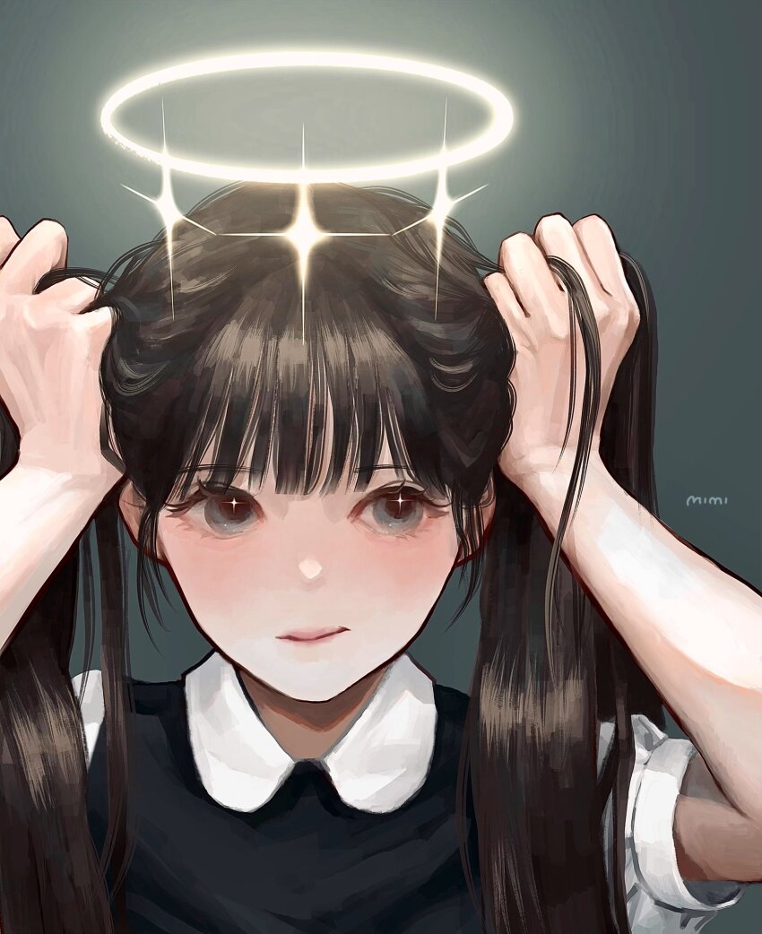 1girl, :/, artist_name, black_hair, black_sweater_vest, commentary, grey_background, grey_eyes