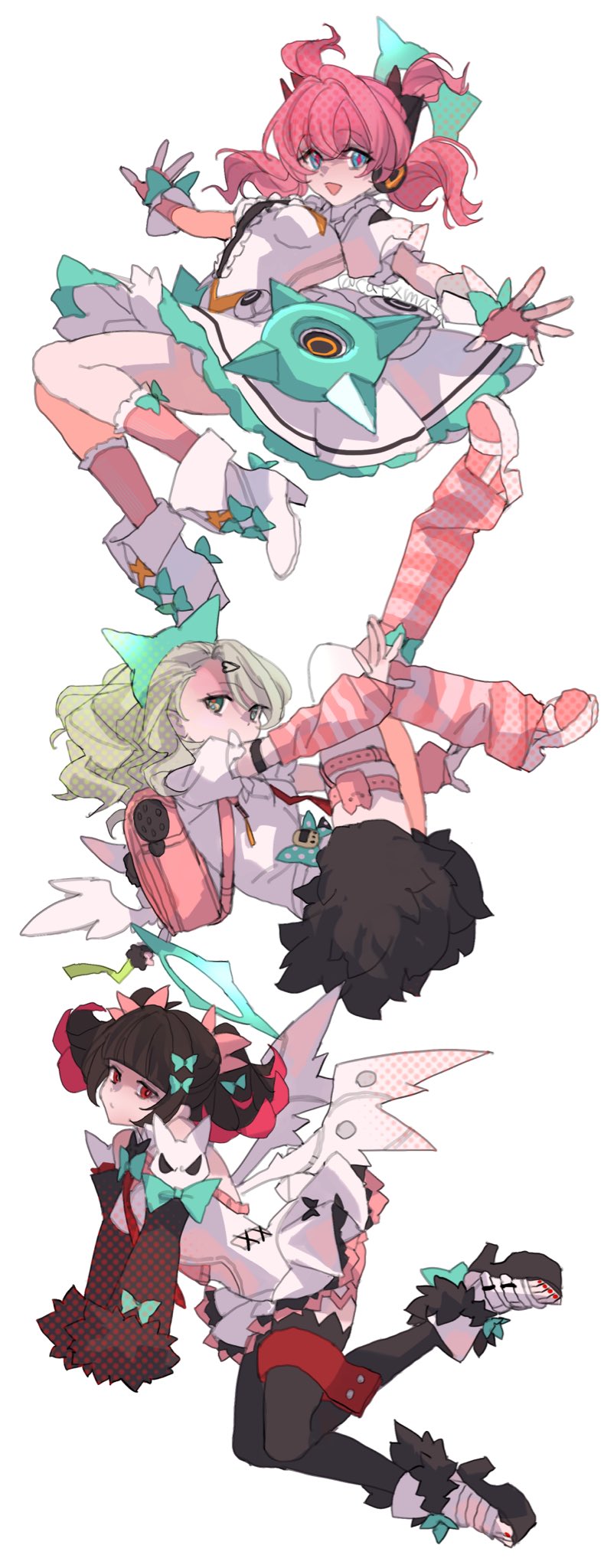 3girls, angels_of_delusion, aria_(zenless_zone_zero), arm_warmers, bag, bandaid, bandaid_hair_ornament, black_hair, black_skirt, black_thighhighs, blue_hair, boots, bow, catxmata, collared_shirt, commentary_request, dress, fingerless_gloves, full_body, fur-trimmed_skirt, fur-trimmed_sleeves, fur_trim, gloves, green_bow, green_eyes, green_hair, hair_ornament, high_heels, highres, leg_warmers, looking_at_viewer, multicolored_leg_warmers, multiple_girls, multiple_thigh_straps, nangong_yu, necktie, open_mouth, pink_arm_warmers, pink_bag, pink_gloves, pink_hair, pink_leg_warmers, red_eyes, red_necktie, shirt, skirt, smile, striped_arm_warmers, striped_leg_warmers, sunna_(zenless_zone_zero), thigh_strap, thighhighs, two-tone_leg_warmers, white_background, white_boots, white_dress, white_shirt, white_wings, winged_bag, wings, zenless_zone_zero