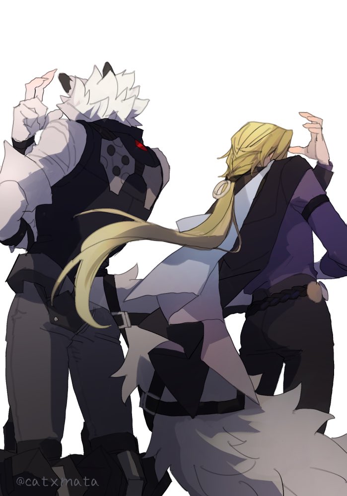 2boys, animal_ears, black_pants, blonde_hair, body_fur, catxmata, chuunibyou, commentary_request