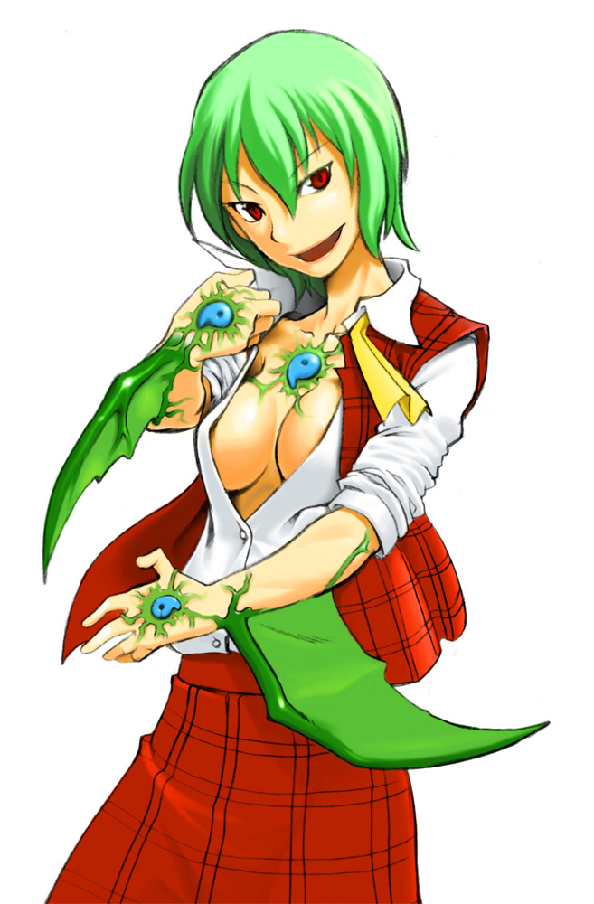 1girl, ascot, blue_seed, breasts, cleavage, dress, dress_shirt, female_focus, green_hair, kagehito, kazami_yuuka, kusanagi_mamoru, magatama, medium_breasts, no_bra, open_clothes, open_shirt, parody, plaid_clothes, plaid_skirt, plaid_vest, power_connection, red_eyes, shirt, short_hair, simple_background, skirt, skirt_set, sleeves_pushed_up, smile, solo, touhou, vest, white_background, yellow_ascot