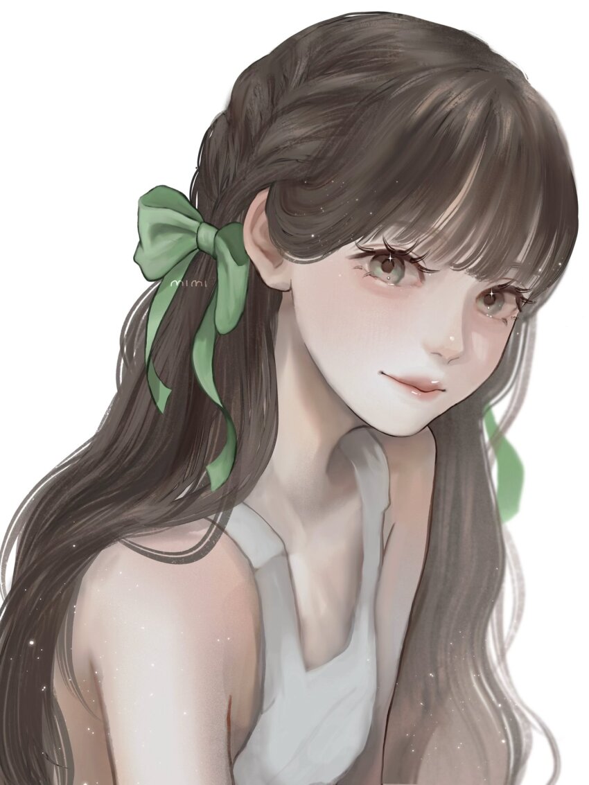 1girl, aegyo_sal, blunt_bangs, bow, braid, breasts, brown_hair, commentary_request