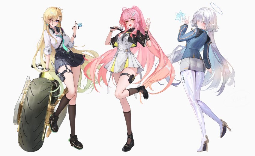 3girls, absurdres, aemeath_(wuthering_waves), ahoge, aqua_necktie, black_jacket, black_shoes, black_skirt