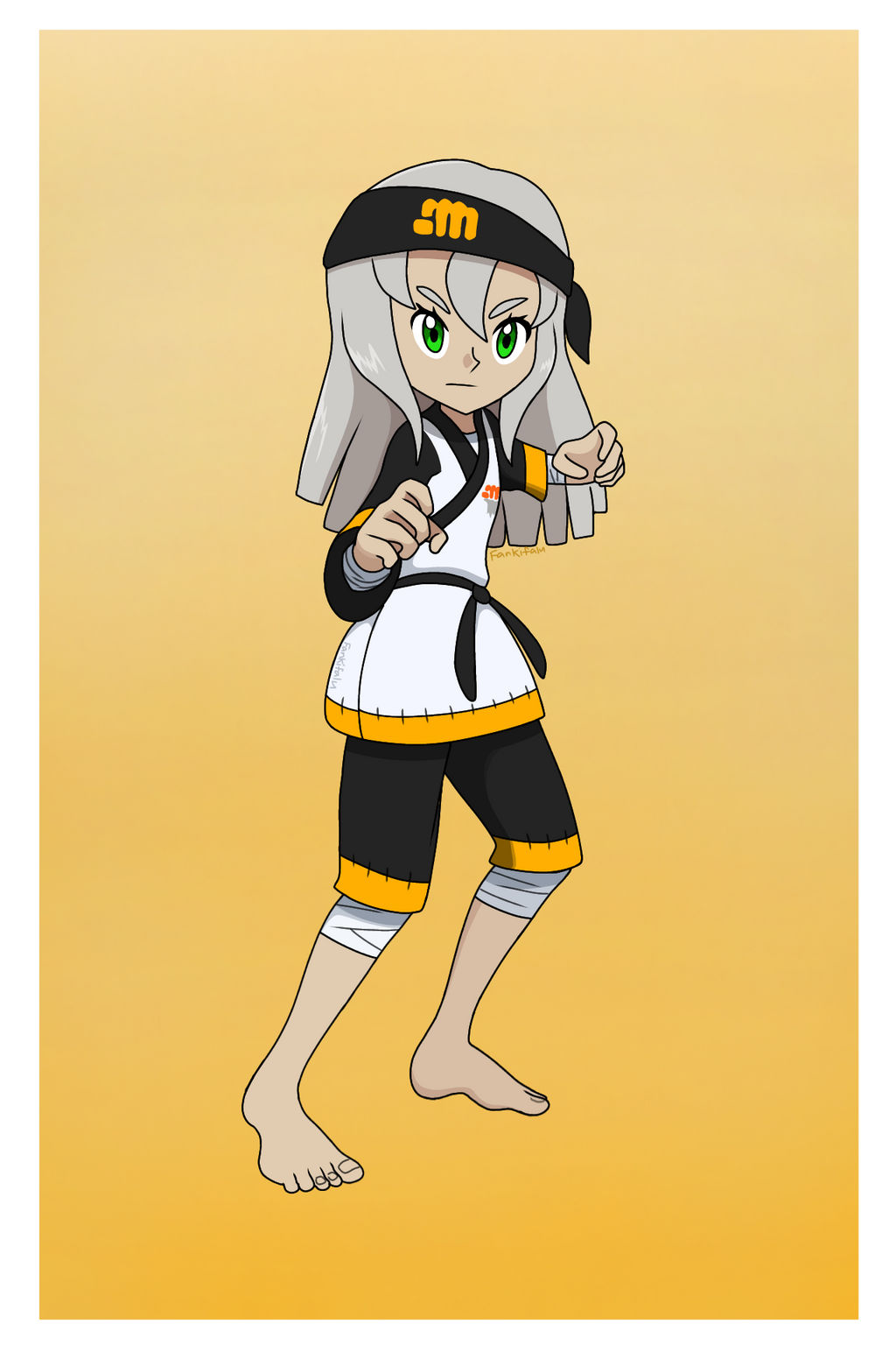 1girl, absurdres, bandages, bandana, barefoot, black_bandana, black_shorts, blunt_ends