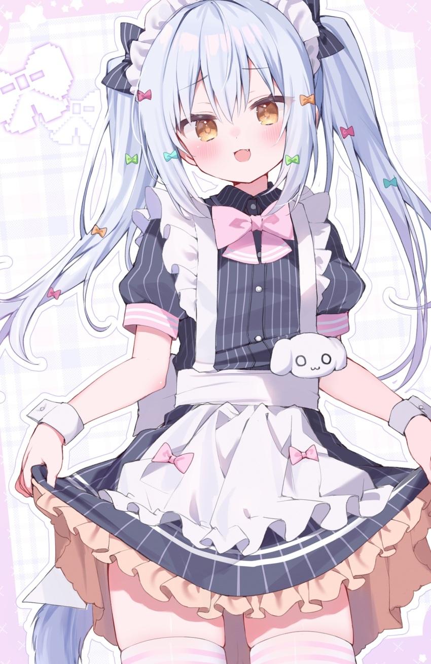 1boy, absurdres, apron, black_dress, blue_hair, bow, bowtie, commentary_request