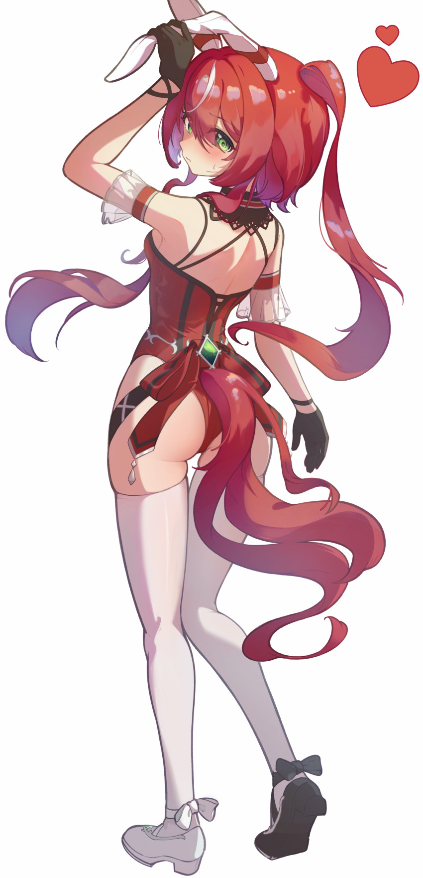 1girl, absurdres, animal_ears, ankle_bow, ankle_ribbon, arm_up, ass, asymmetrical_footwear