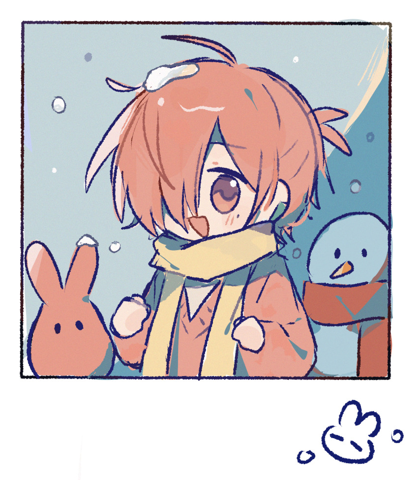 1boy, :d, ahoge, antenna_hair, chinese_commentary, clenched_hands, commentary_request, hair_over_one_eye