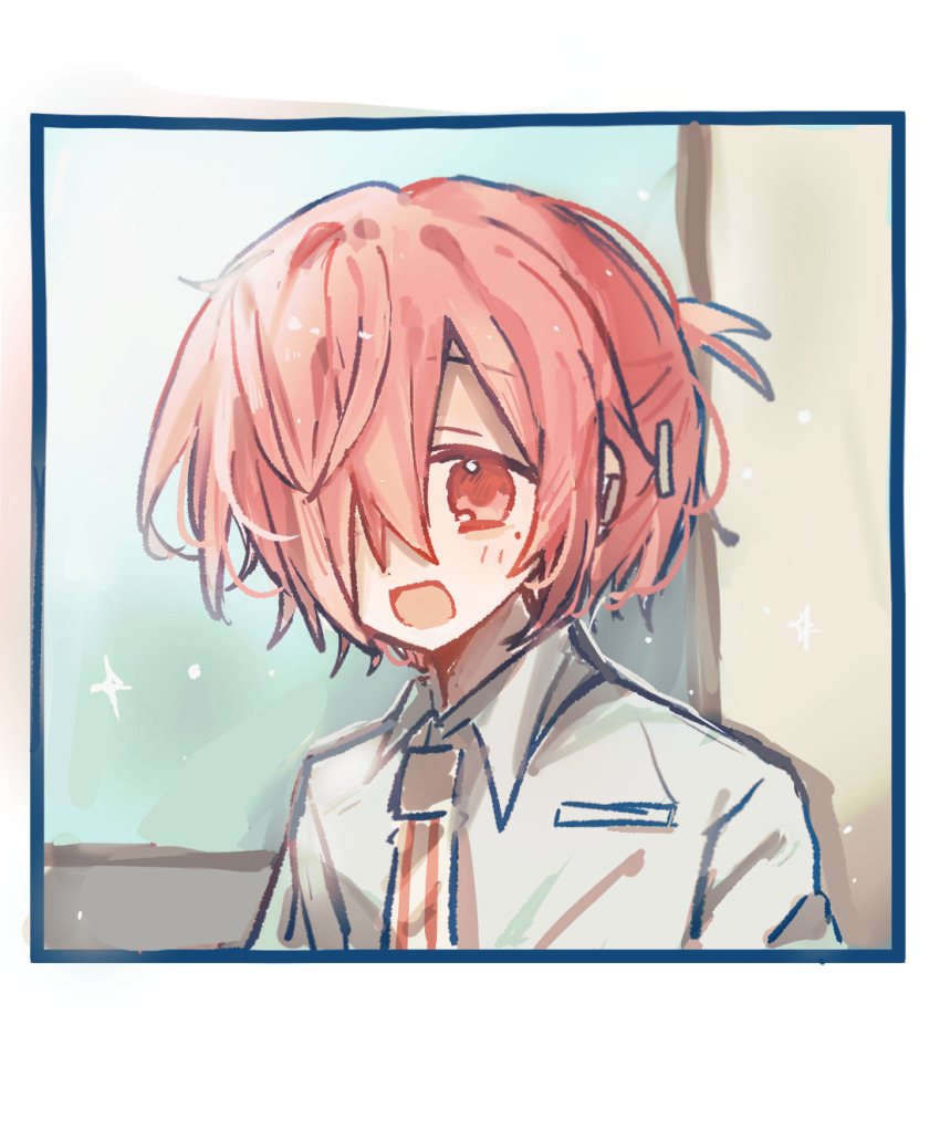 1boy, :d, chinese_commentary, collared_shirt, commentary_request, dress_shirt, hair_over_one_eye, high_ponytail, highres, indoors, jibaku_shounen_hanako-kun, looking_at_viewer, mitsuba_sousuke, mole, mole_under_eye, necktie, one_eye_covered, open_mouth, pink_eyes, pink_hair, ponytail, portrait, red_necktie, shirt, short_ponytail, smile, solo, striped_clothes, vertical-striped_clothes, vertical-striped_necktie, white_shirt, xianen16437