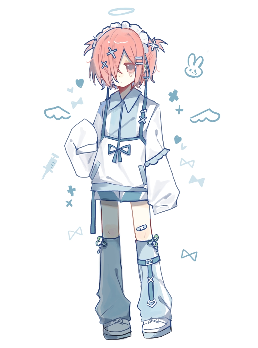 1boy, absurdres, bandaid, bandaid_on_knee, bandaid_on_leg, blue_jacket, blue_leg_warmers, blue_shorts, collared_jacket, commentary, hair_over_one_eye, hand_up, highres, jacket, jibaku_shounen_hanako-kun, leg_warmers, maid_headdress, mitsuba_sousuke, pink_eyes, pink_hair, shoes, short_twintails, shorts, sleeves_past_fingers, sleeves_past_wrists, solo, standing, syringe, tears, tenshi_kaiwai, twintails, untranslatable_commentary, white_shoes, white_sleeves, xianen16437