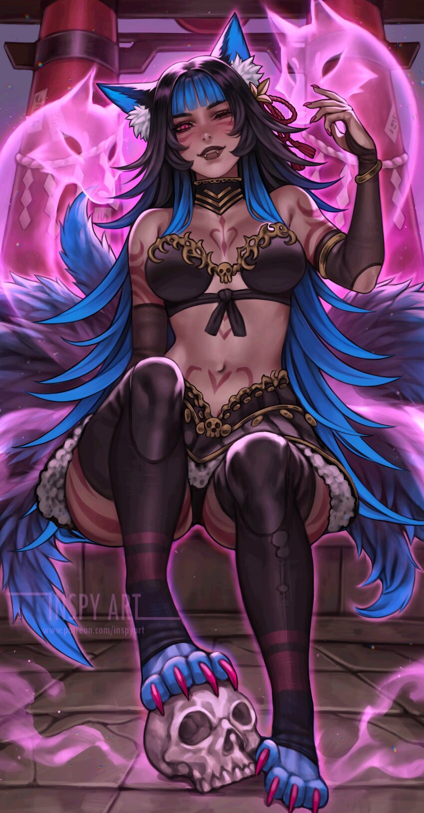 absurdres, aura, black_fur, black_hair, blue_fur, blue_hair, blue_skin, body_markings, claws, colored_skin, detached_sleeves, energy, energy_animal, face_piercing, fangs, fingernails, floating_hair, highres, inspy_art, kitsune, lips, long_hair, mouth_piercing, multicolored_hair, multiple_tails, navel, one_eye_closed, open_mouth, original, panties, piercing, red_eyes, sharp_fingernails, sharp_toenails, sitting, skirt, skull, smile, tail, tattoo, temple, thighhighs, toenails, torii, torn_clothes, two-tone_hair, underwear, wolf