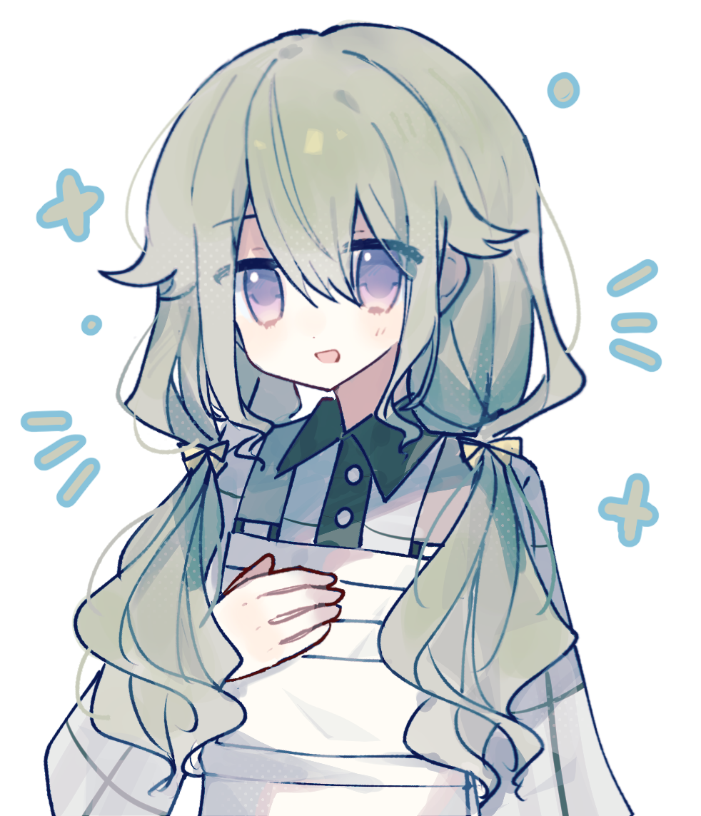 1girl, :d, apron, blush, commentary, green_hair, hand_on_own_chest, kusanagi_nene