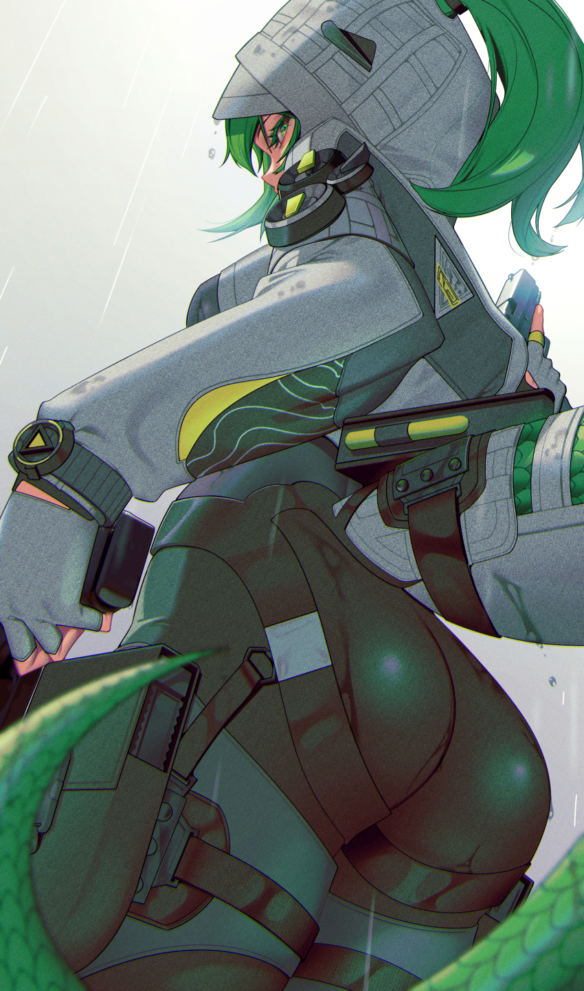1girl, absurdres, arknights, arknights:_endfield, ass, black_bodysuit, bodysuit, commentary, cowboy_shot, dual_wielding, fingerless_gloves, fluorite_(arknights), from_below, gloves, green_eyes, green_hair, gun, highres, holding, holding_gun, holding_weapon, hood, hood_up, hooded_shrug, kimo_suna, lizard_tail, long_hair, long_sleeves, looking_at_viewer, looking_down, ponytail, puffy_long_sleeves, puffy_sleeves, rain, reptile_girl, ruffling_hair, shrug_(clothing), solo, tail, weapon, white_gloves, white_shrug