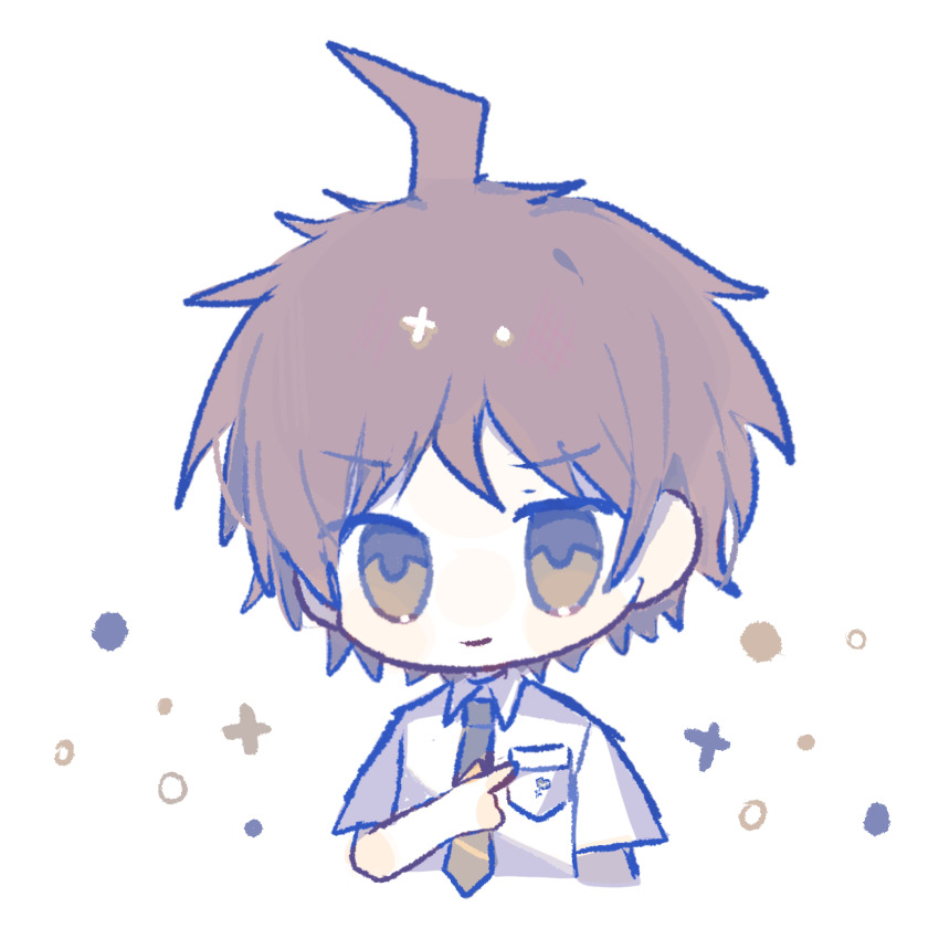 1boy, ahoge, arm_at_side, brown_hair, chibi, chinese_commentary, collared_shirt, commentary_request