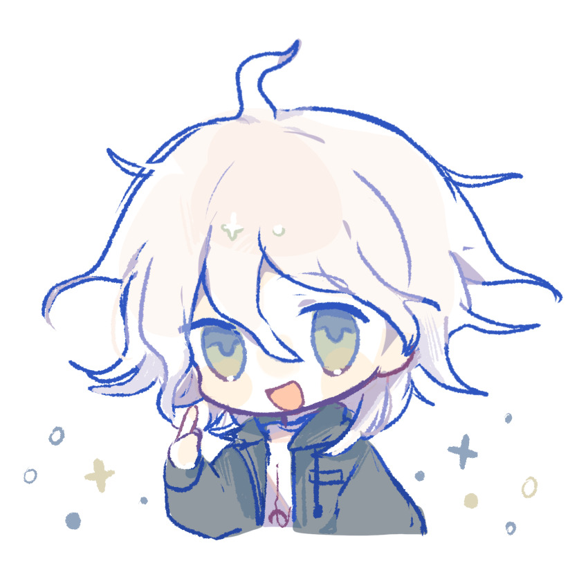 1boy, :d, chibi, chinese_commentary, commentary_request, danganronpa_(series), danganronpa_2:_goodbye_despair, green_eyes