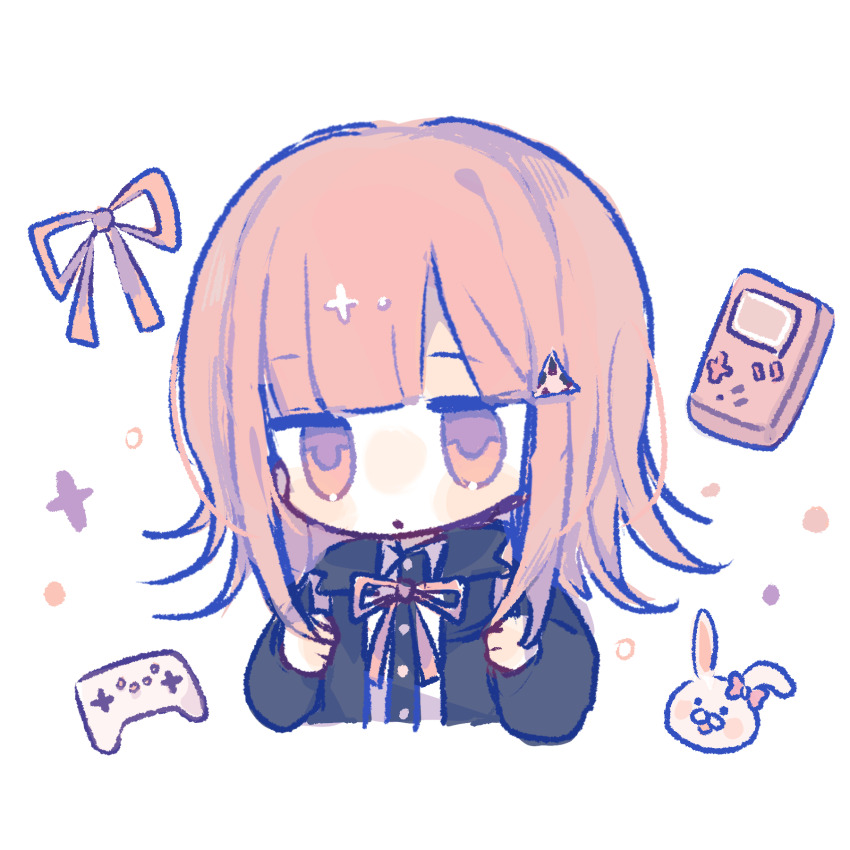 1girl, black_jacket, blunt_bangs, chibi, chinese_commentary, clenched_hands, commentary_request, controller, danganronpa_(series), danganronpa_2:_goodbye_despair, game_controller, hair_ornament, handheld_game_console, hands_up, highres, jacket, nanami_chiaki, neck_ribbon, pink_hair, pink_ribbon, ribbon, short_hair, solo, upper_body, usami_(danganronpa), xianen16437