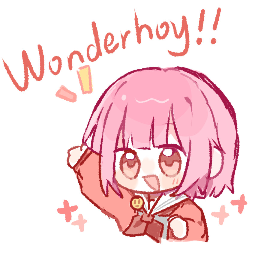 1girl, :d, arm_up, blue_shirt, bob_cut, cardigan, chibi, chinese_commentary