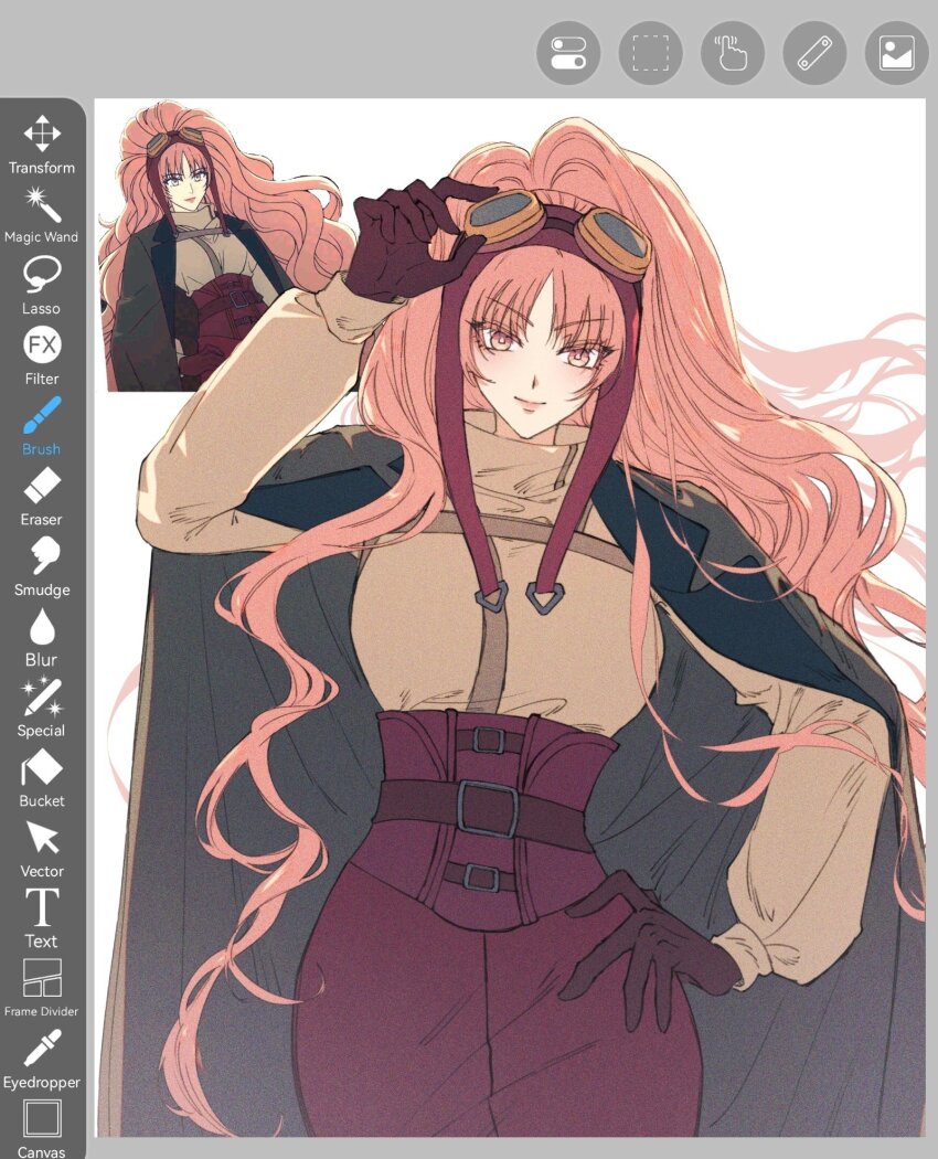 1girl, adjusting_eyewear, anime_screenshot_inset, art_program_in_frame, aviator_(fate/strange_fake), big_hair, brown_gloves, brown_shirt