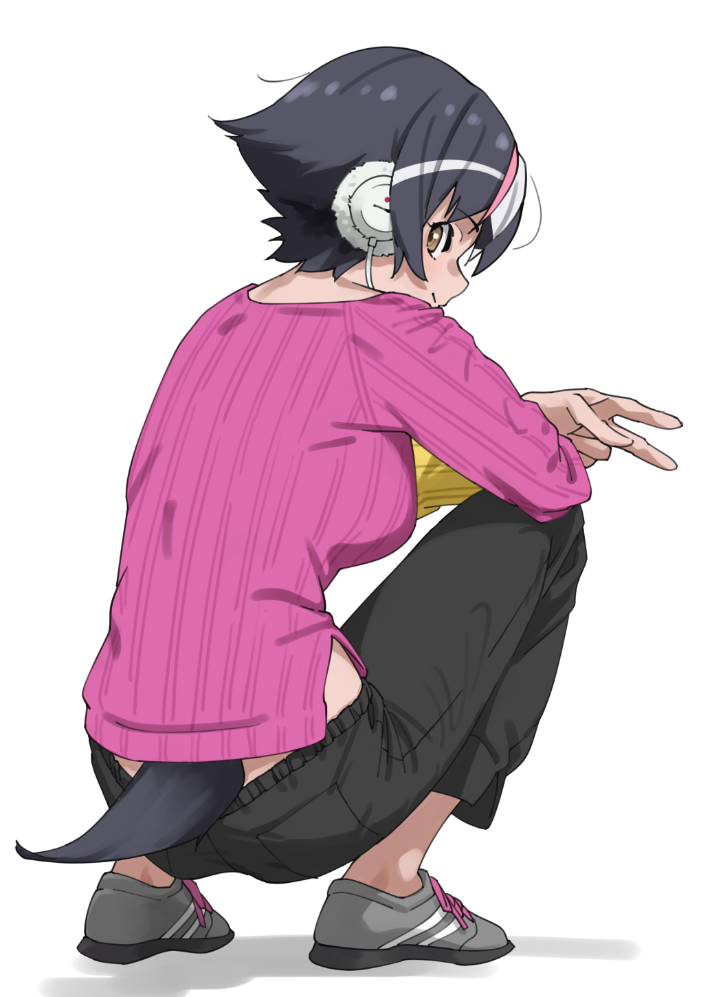 1girl, black_hair, black_pants, breasts, commentary, from_behind, full_body, galapagos_penguin_(kemono_friends)