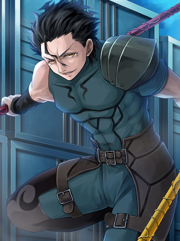 1boy, black_hair, diarmuid_ua_duibhne_(fate), diarmuid_ua_duibhne_(lancer)_(fate), dual_wielding, fate/stay_night, fate/zero, fate_(series)