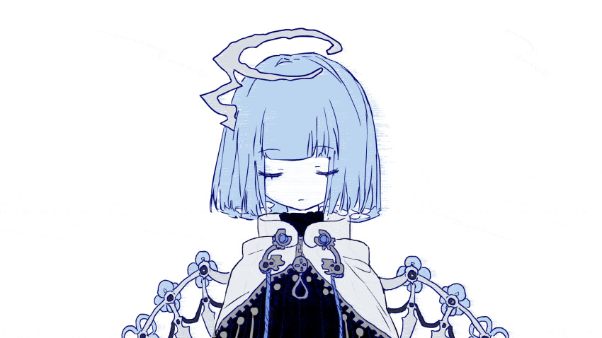 1girl, animated, animated_gif, blue_hair, blunt_bangs, cape, closed_eyes, closed_mouth, dress, eyelashes, halo, highres, hood, hood_down, mechanical_wings, monochrome, original, shen_a_fang, short_hair, simple_background, solo, upper_body, wings